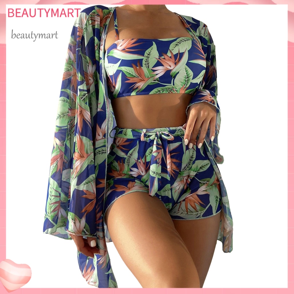 Bộ Đồ Bơi 3 Mảnh Gồm Áo Cardigan Dây Đeo + Quần Short Lưng Cao + Áo Ngực In Họa Tiết Hoa Lá Tùy Chỉnh Thời Trang Đi Biển Cho Nữ
