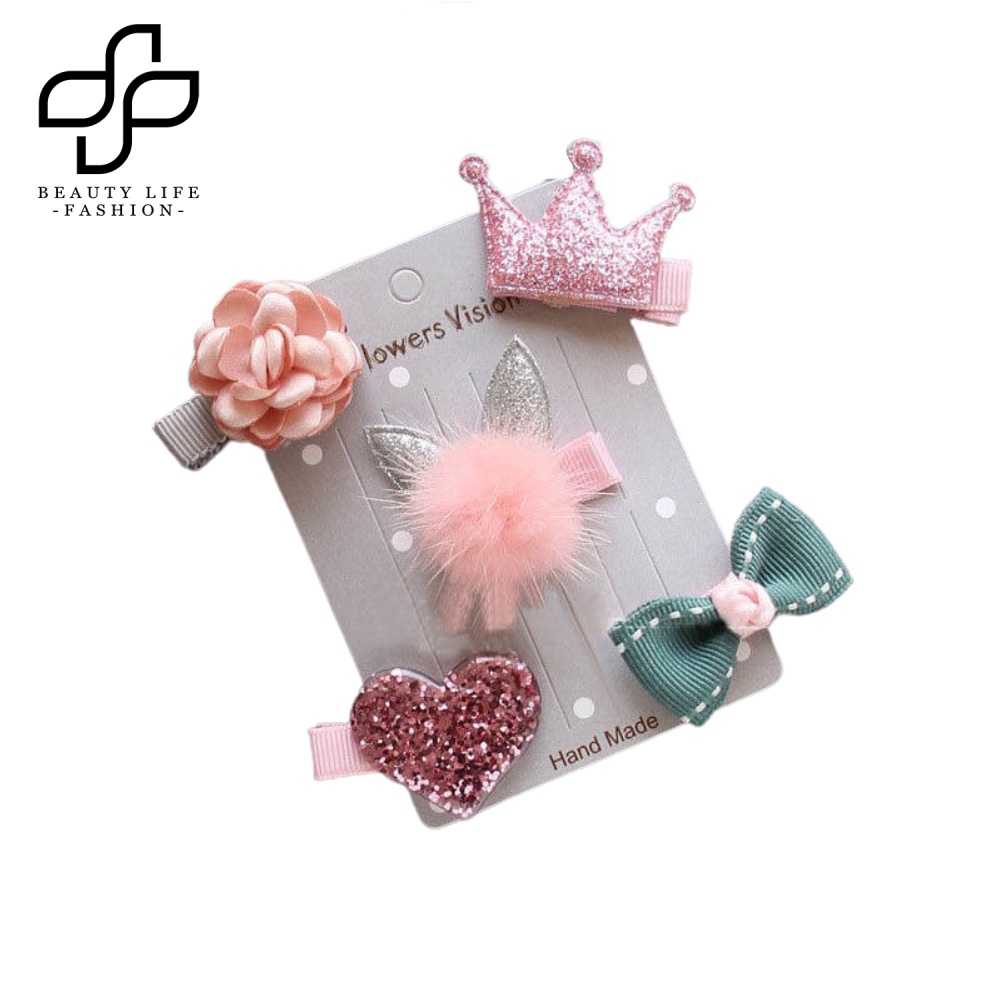 Set 5 Kẹp Tóc Nơ / Ngôi Sao / Hoa Mini Thời Trang Cho Bé Gái