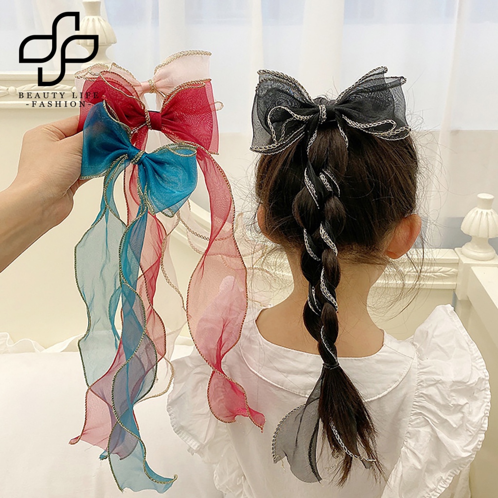 Kẹp Tóc Đính Nơ Lưới Dài Phong Cách Hàn Quốc Cho Nữ