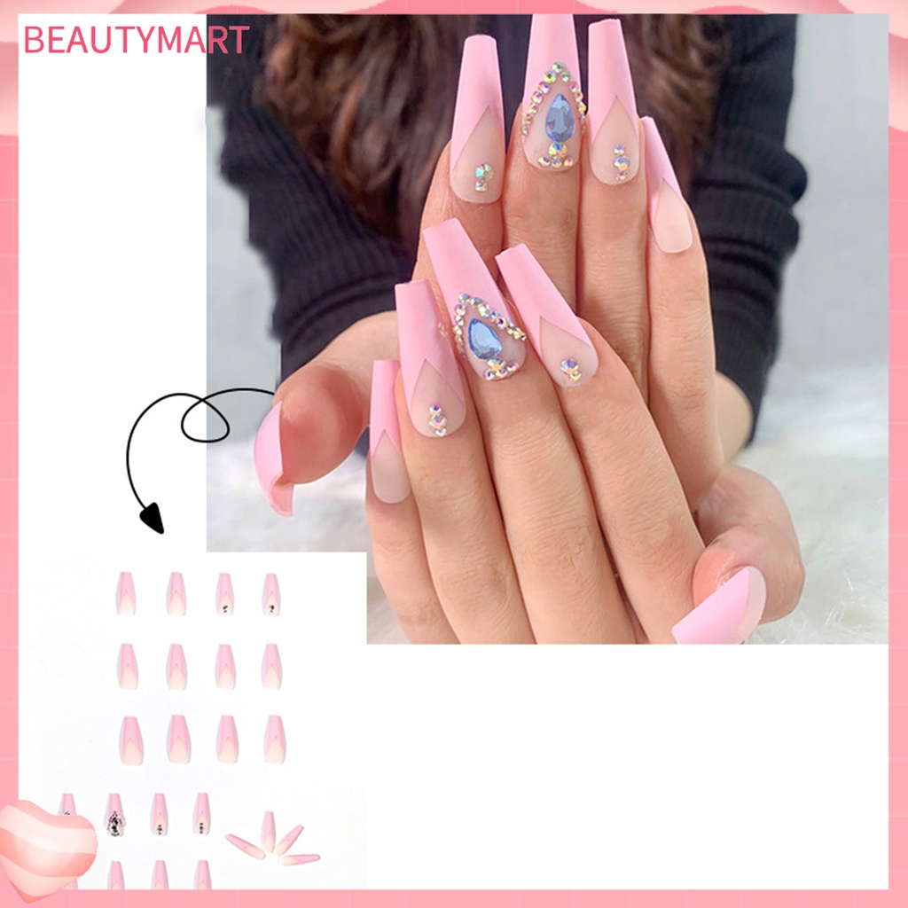 Bộ 24 Móng Tay Giả Hình Quan Tài Đính Đá 3D Siêu Dài Bằng Acrylic Dùng Trang Trí Móng Tay