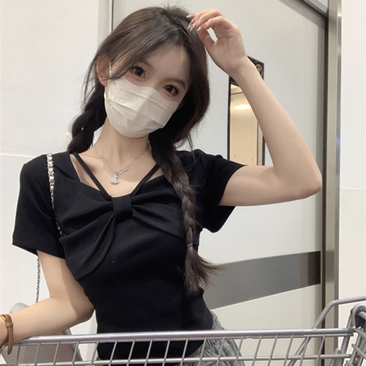 Áo Thun Tay Ngắn Cổ Vuông Thắt Nơ Bằng Lụa Mát Thời Trang Mùa Hè Hàng Mới 2023