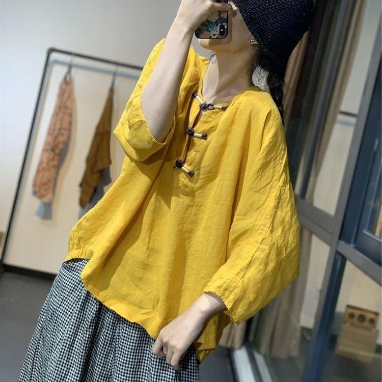 Áo Sơ Mi Vải Lanh cotton Dáng Rộng Màu Sắc Tương Phản Phong Cách Trung Hoa