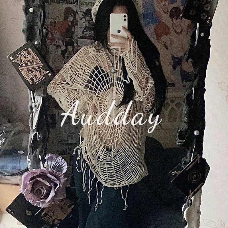 Audday Áo Khoác Sweater Dệt Kim Khoét Lỗ Rỗng Phong Cách Niche Spider Thời Trang Âu Mỹ Ngọt Ngào Cho Nữ Y2K
