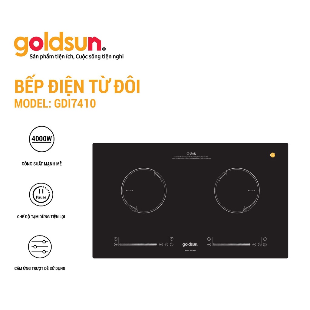 Bếp điện từ đôi mặt kính chịu lực màn hình LED cảm ứng thông minh 4000W có khóa trẻ em an toàn Goldsun GDI7410