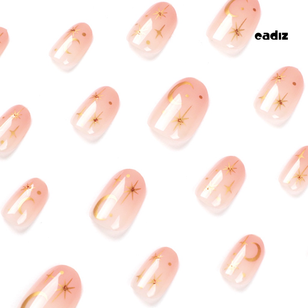 Bộ 24 Móng Tay Giả Hình Vuông Ngắn Đính Ngôi Sao / Mặt Trăng Màu Vàng Bóng Có Keo Dán Trang Trí Toàn Diện DIY