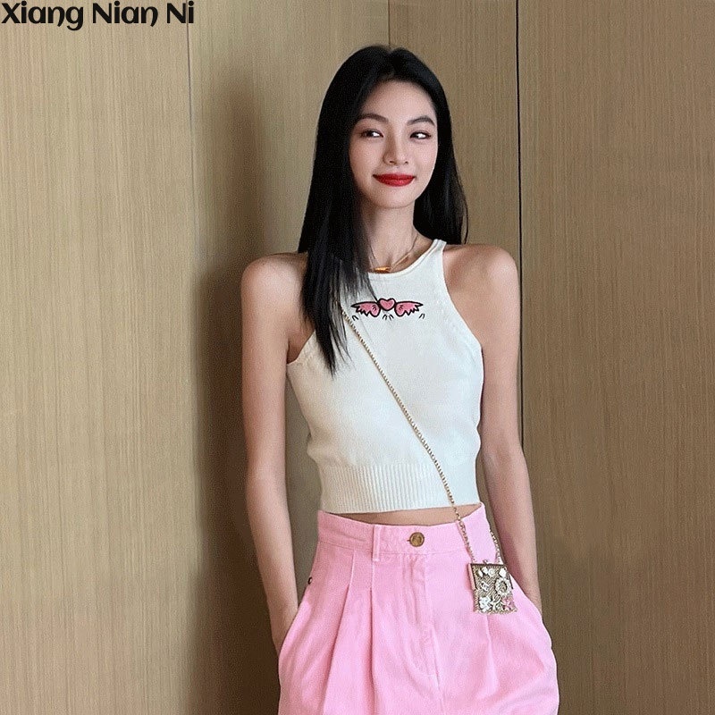 Áo không tay XIANG NIAN NI cổ tròn in họa tiết sáng tạo độ co giãn cao thời trang mùa hè cho nữ