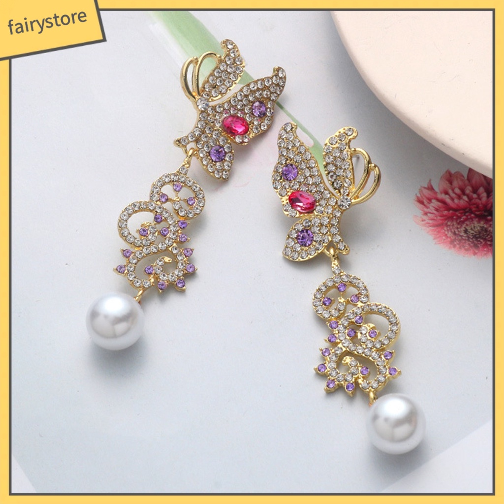 1 Đôi Bông Tai Thả Hình Bướm Rỗng Đính Ngọc Trai Sáng Bóng Dành Cho Nữ