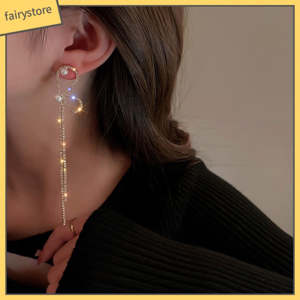 1 Đôi Bông Tai Tua Rua Dài Đính Đá &amp; Ngọc Trai Giả