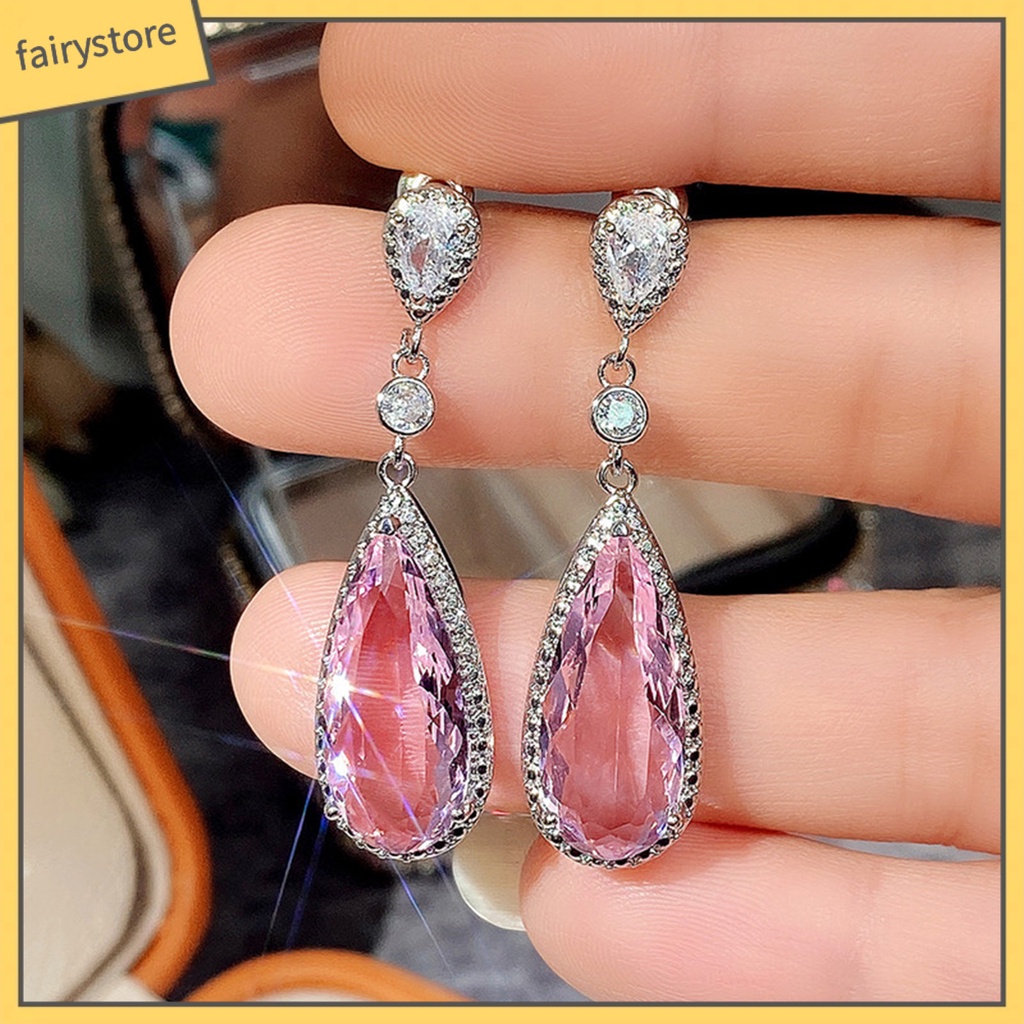 1 Đôi Bông Tai Hình Giọt Nước Bằng Đồng Dát Đá