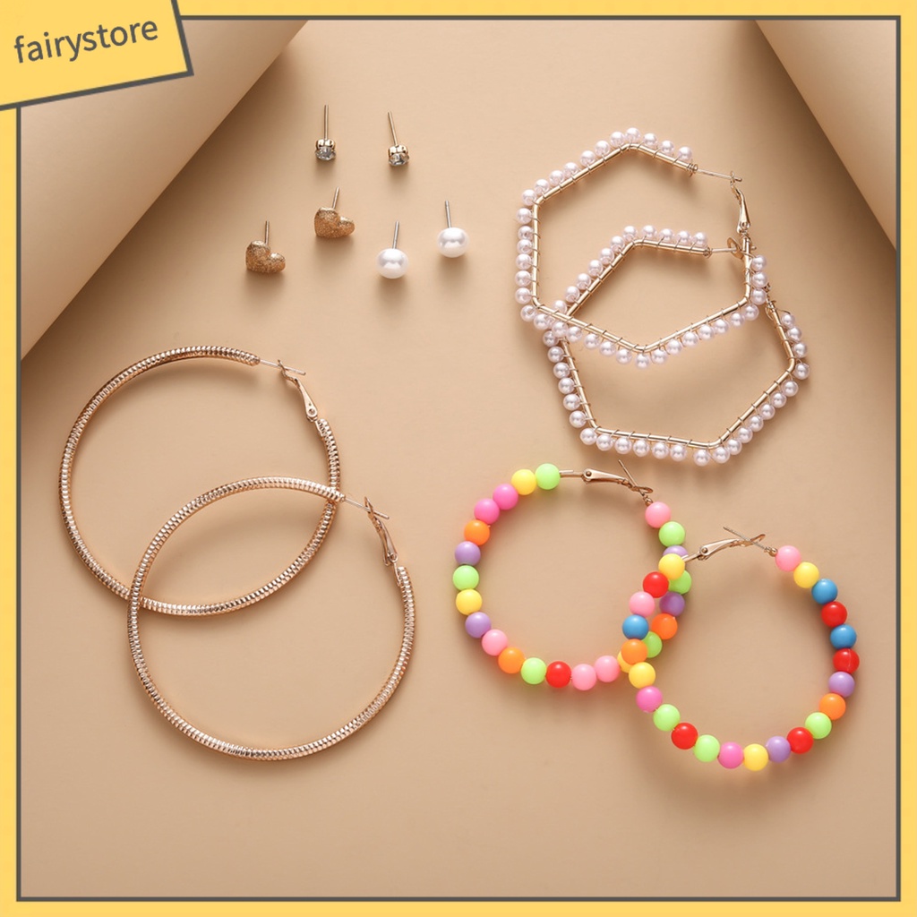 Set 6 Đôi Bông Tai Dạng Vòng Đính Đá Nhiều Màu Sắc Bằng Hợp Kim Cho Nữ