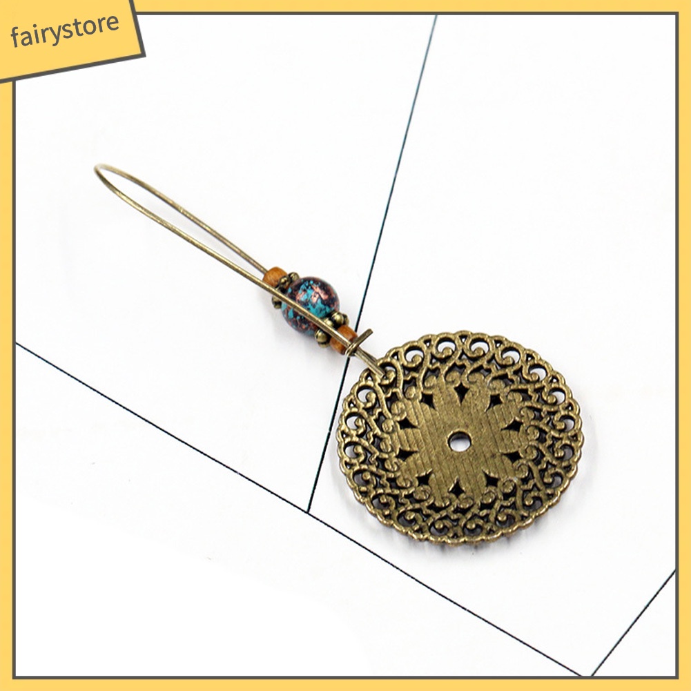 Bông Tai Dáng Dài Mặt Tròn Khắc Họa Tiết Hoa Phong Cách Cổ Điển Thời Trang