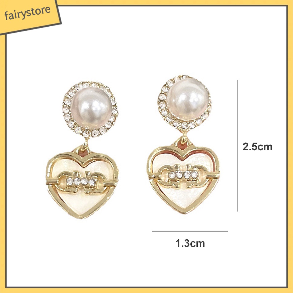 1 Đôi Bông Tai Hình Trái Tim Đính Đá Ngọc Trai Giả Sang Trọng