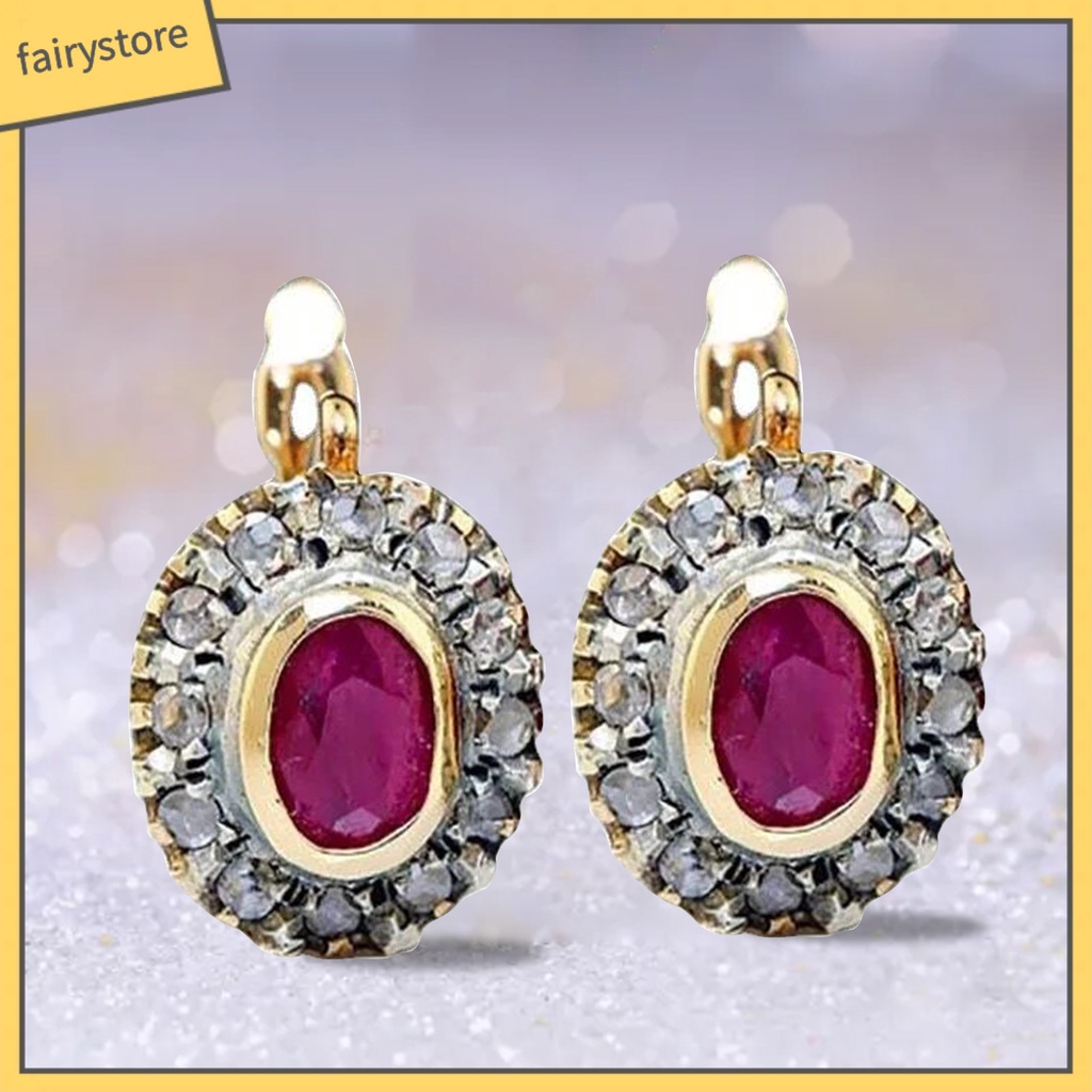 1 Đôi Bông Tai Đính Đá Zircon Đỏ Hình Oval Bằng Hợp Kim Dành Cho Nữ