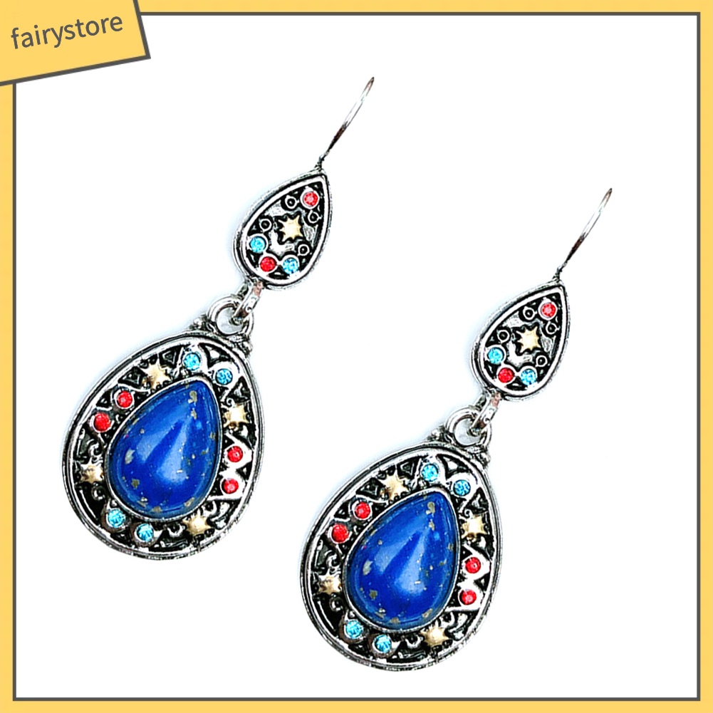 Bông Tai Hình Giọt Nước Đính Đá Ngọc Lam Giả Phong Cách Vintage Dành Cho Nữ