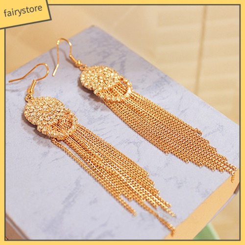 Bông Tai Dáng Dài Đính Đá Phối Tua Rua Thời Trang Cho Nữ