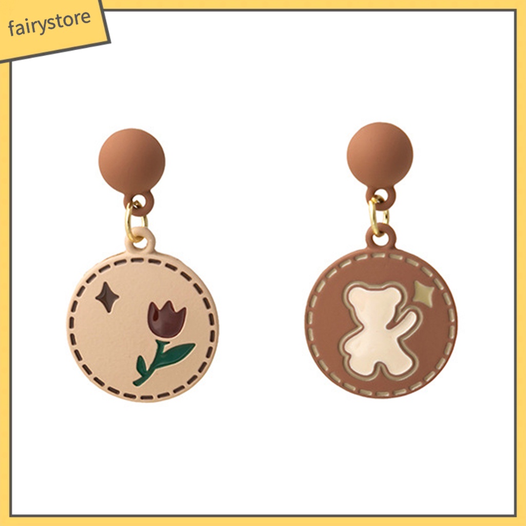 1 Đôi Bông Tai Hình Tròn Họa Tiết Hoa Hồng / Gấu Hoạt Hình Phong Cách Nhật Bản Thời Trang