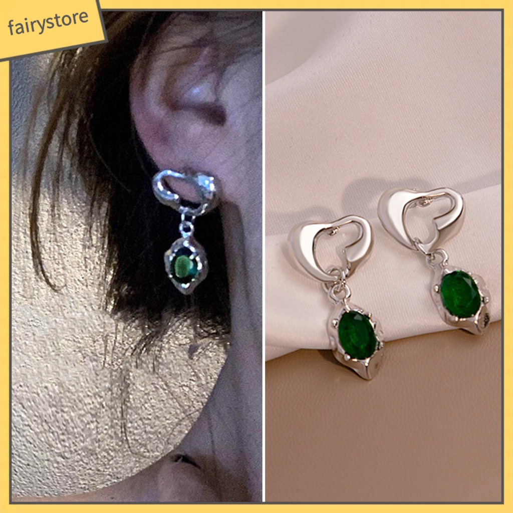 1 Đôi Bông Tai Hình Trái Tim Đính Đá Pha Lê Xanh Lá Phong Cách Retro
