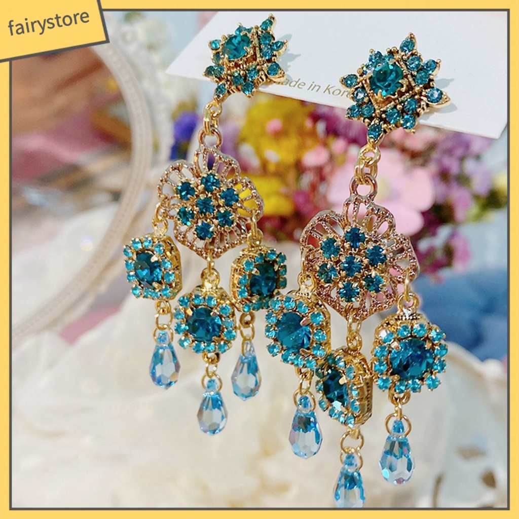 1 Đôi Bông Tai Dáng Dài Đính Pha Lê Xanh Dương Phong Cách Vintage