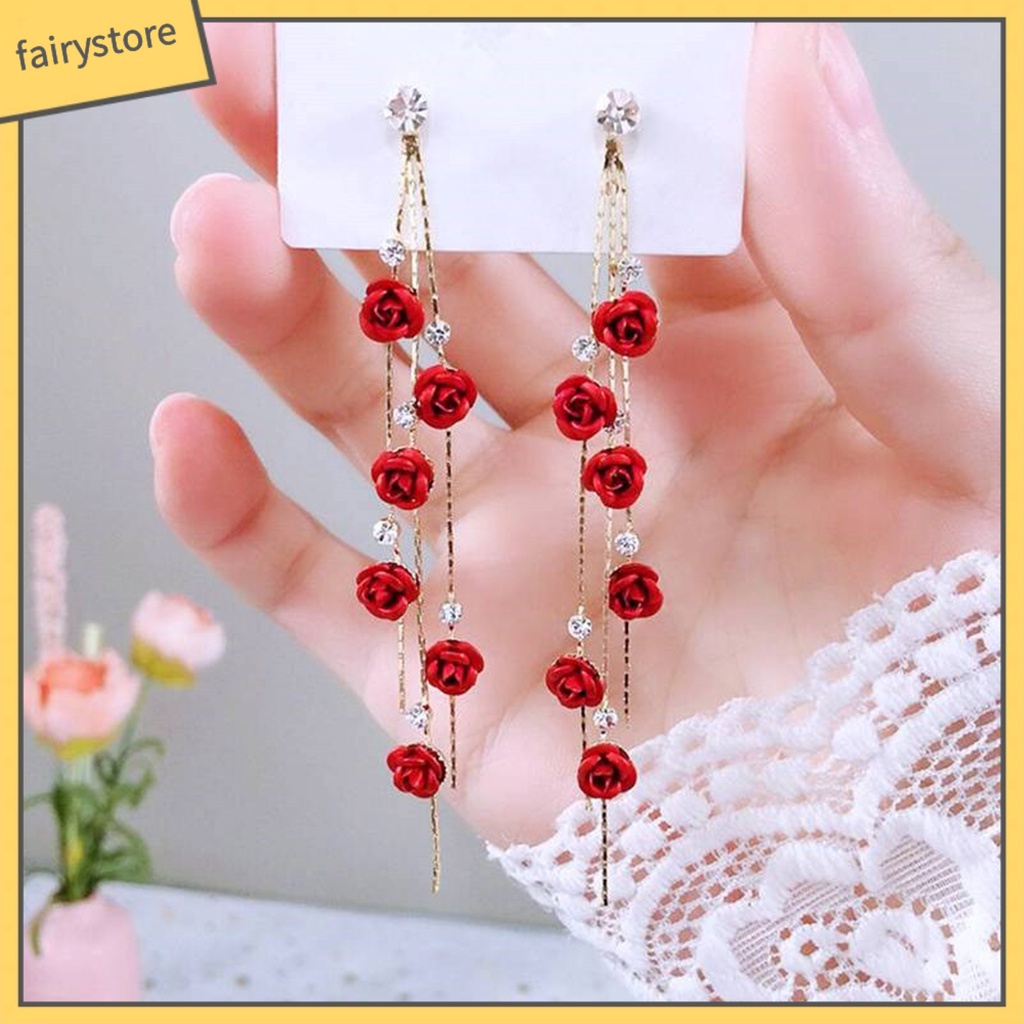 1 Đôi Bông Tai Hình Hoa Hồng Đính Đá Ngọt Ngào Dành Cho Nữ