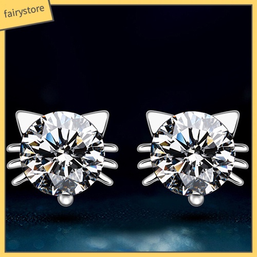Bông Tai Mạ Bạc 925 Hình Mèo Đính Đá Zircon Dễ Thương