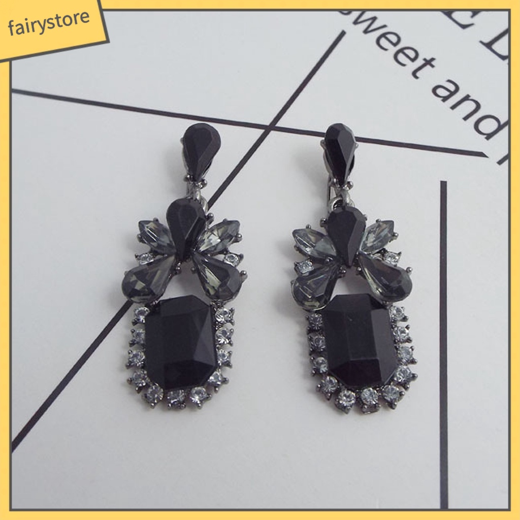 Bông Tai Hình Khối Vuông / Giọt Nước Đính Đá Zircon Màu Đen Phong Cách Vintage Dành Cho Nữ