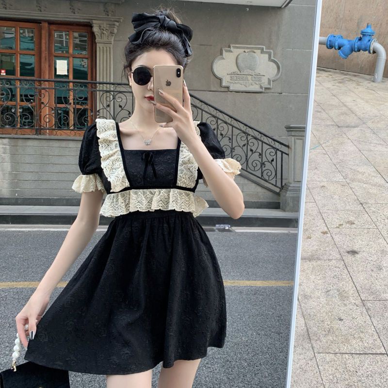 Váy Ngắn Màu Đen Viền Ren Váy Liền Mùa Hè Cho Bé Gái Chất Lượng Cao