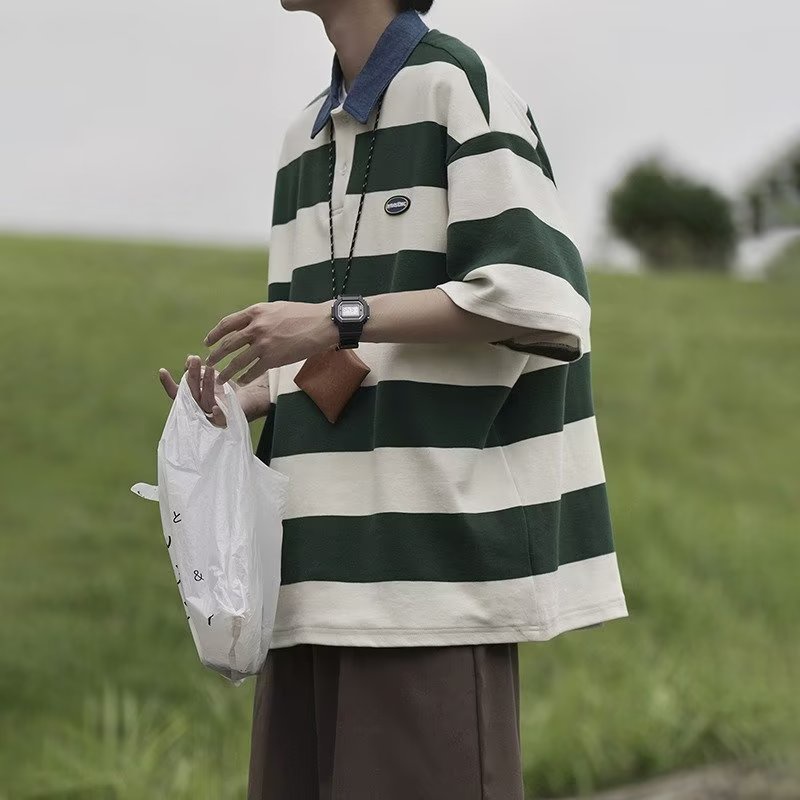 Áo Thun polo Tay Ngắn Dáng Rộng Họa Tiết Kẻ Sọc Thời Trang Mùa Hè Phong Cách Nhật Bản Cho Nam 23