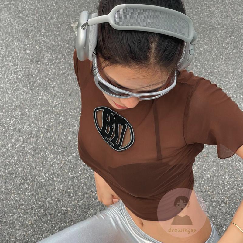 Áo Thun Tay Ngắn Cổ Tròn In Chữ Phối Lưới Thời Trang Cho Nữ