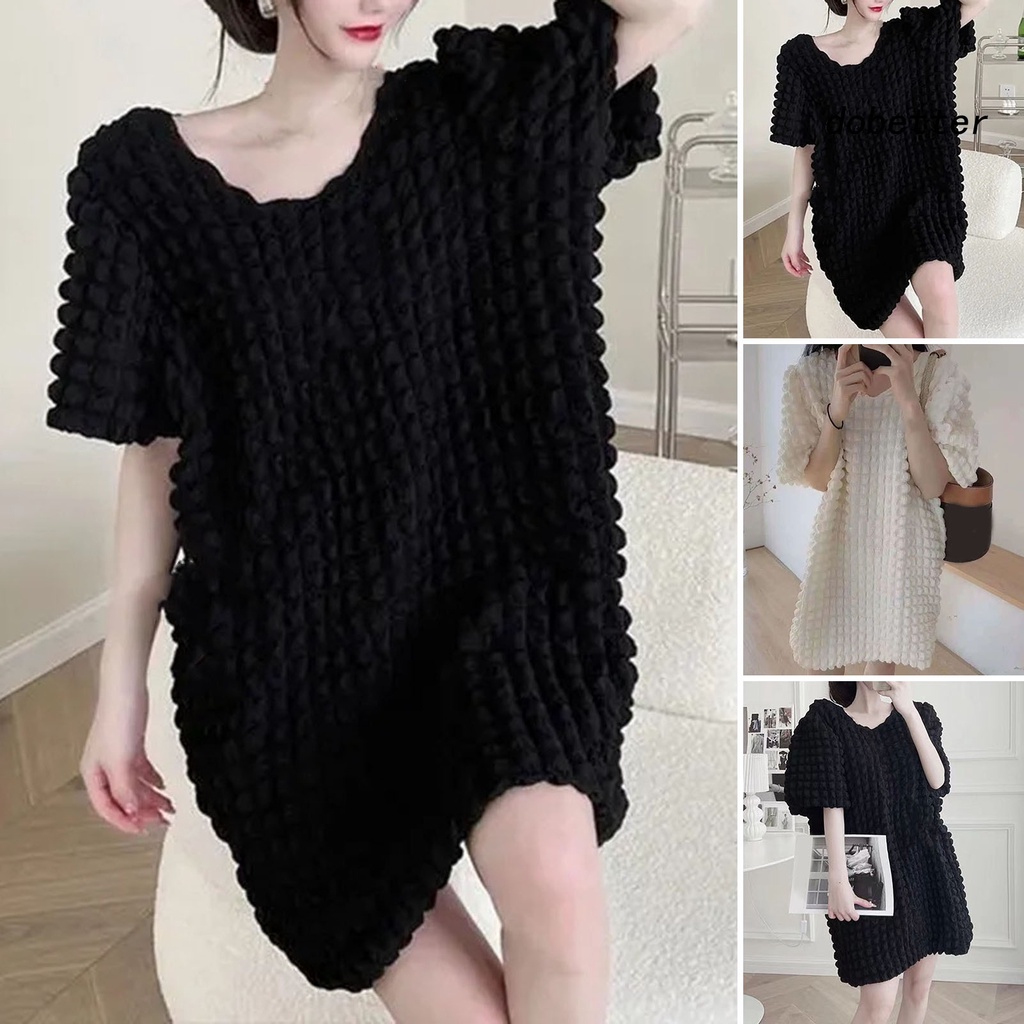 Đầm Ngắn Tay Cổ Chữ V Màu Sắc Đơn Giản Thời Trang Cho Nữ