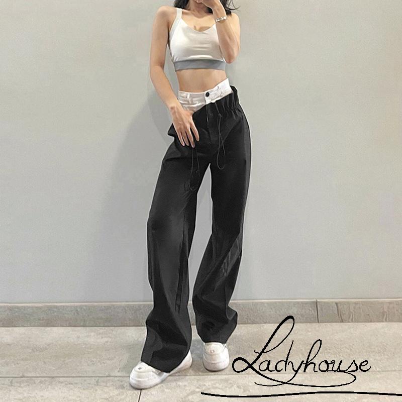 Quần Dài Ống Rộng Lưng Cao Màu Đen Phối Dây Rút Thời Trang Mùa Xuân Cá Tính Cho Nữ
