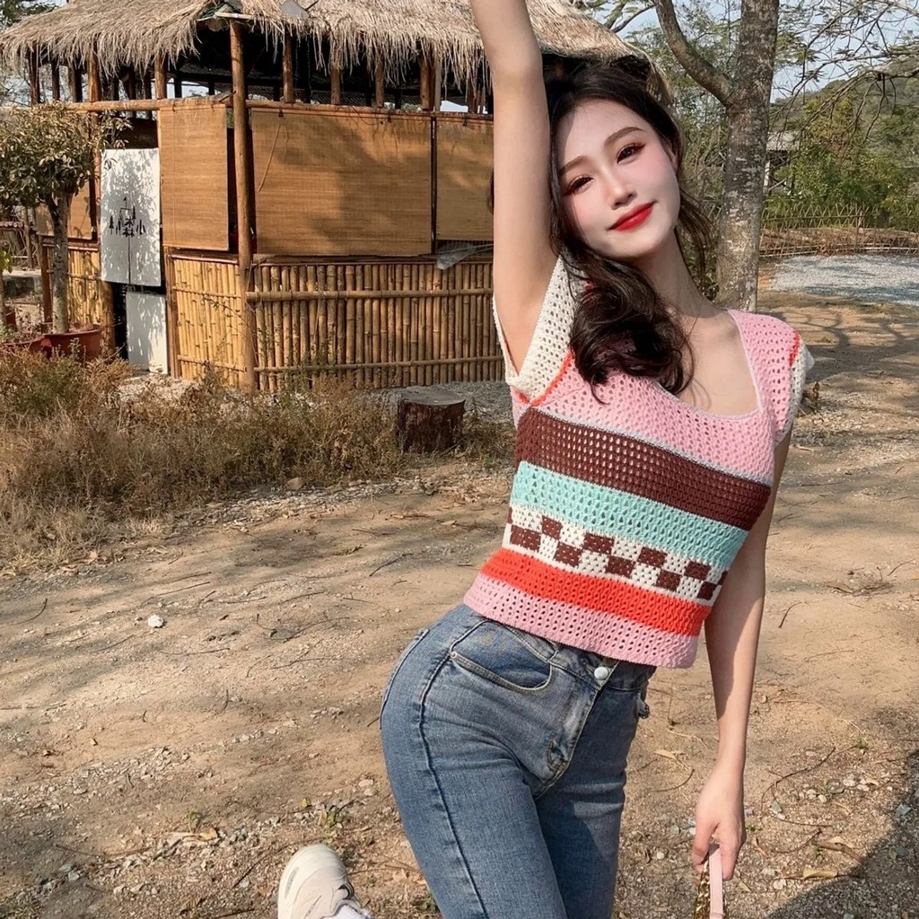 Áo Sweater Dệt Kim Cổ Vuông Tay Ngắn Phong Cách Hàn Quốc Thời Trang Mùa Hè Mới Cho Nữ