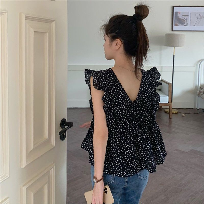 COZOK Áo Sơ Mi Không Tay Cổ Chữ V In Hoa Phong Cách Hàn Quốc