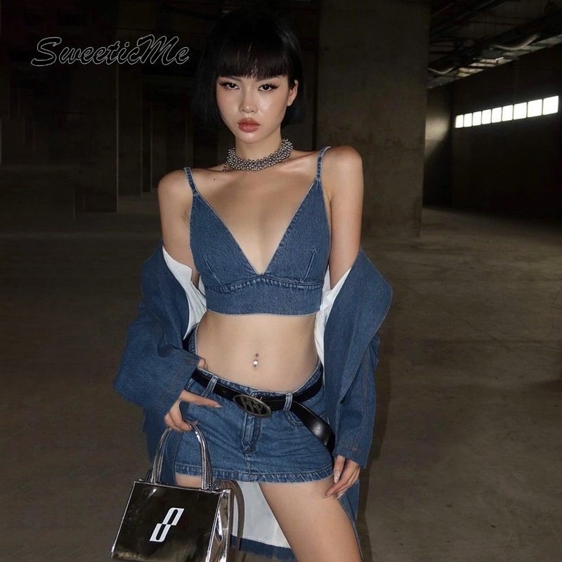 Set Áo Cổ Chữ V Không Tay + Chân váy jean Ngắn Lưng Thấp Màu Trơn Thời Trang Mới 2023 Cho Nữ