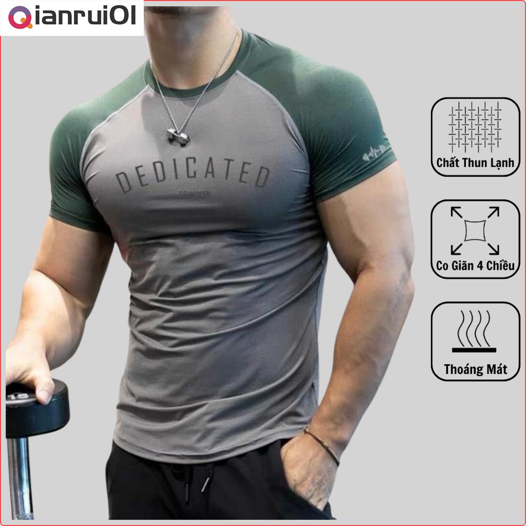 (Qianrui01) Áo Thun Thể Thao Nam, Áo Tập Gym Form Ôm Body Dedicated Thun Lạnh Co Dãn 4c