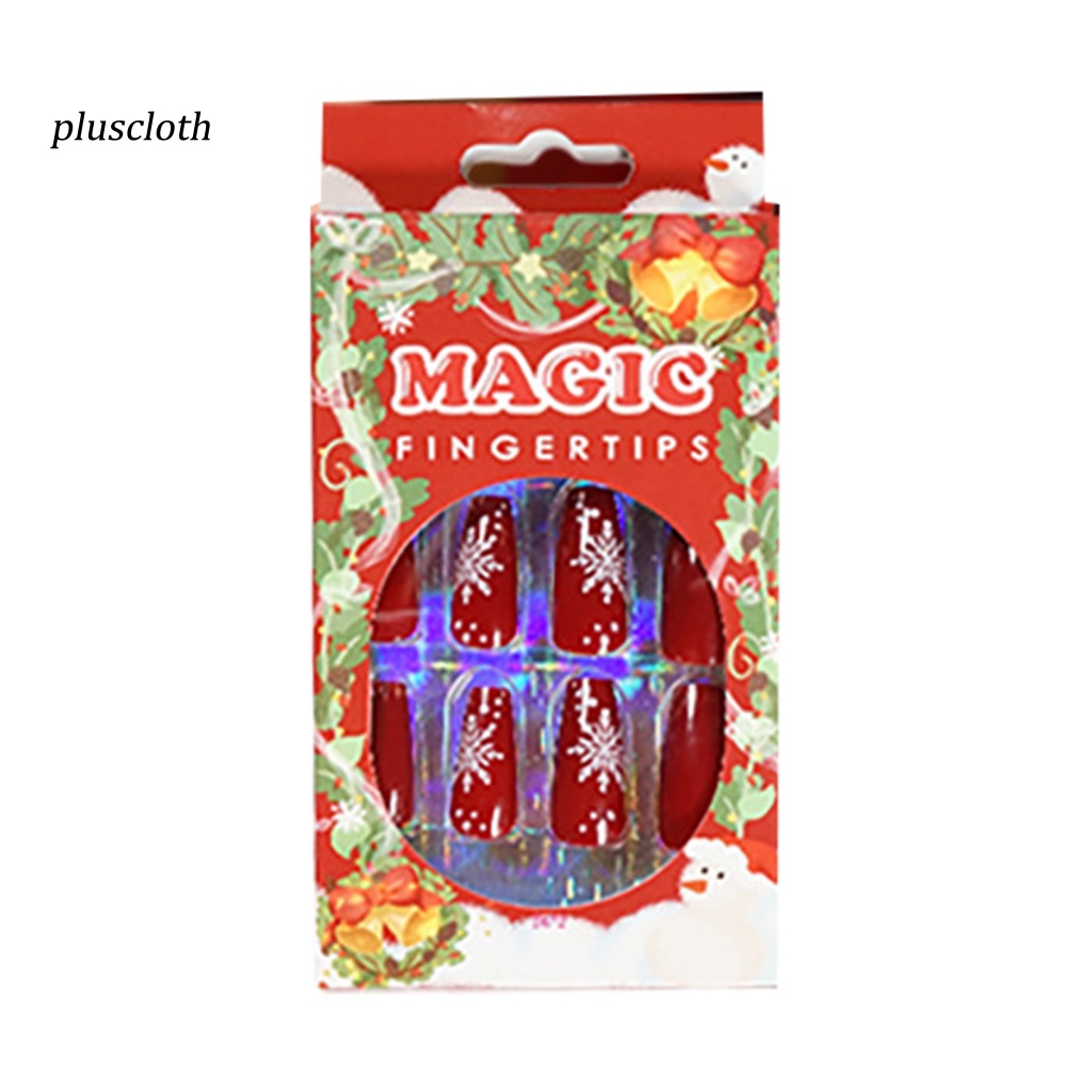 &lt; Pluscloth &gt; Set 24 Móng Tay Giả Dạng Nhấn Siêu Mỏng Phong Cách Giáng Sinh Có Thể Tháo Rời