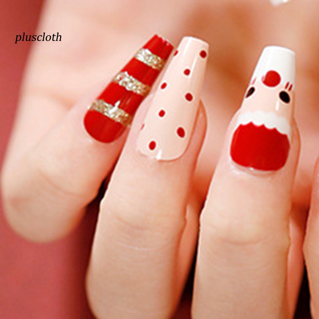 &lt; Pluscloth &gt; Set 24 Móng Tay Giả Dạng Nhấn Siêu Mỏng Phong Cách Giáng Sinh Có Thể Tháo Rời