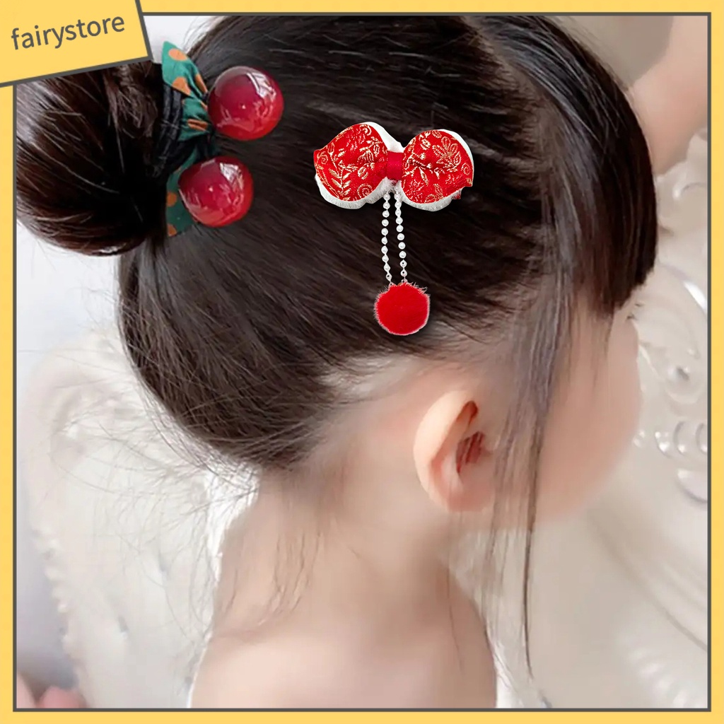 Set 2 Kẹp Tóc Hình Nơ Đính Bóng Lông Tua Rua Đỏ Phong Cách Trung Hoa Cổ Điển Mừng Năm Mới Cho Nữ