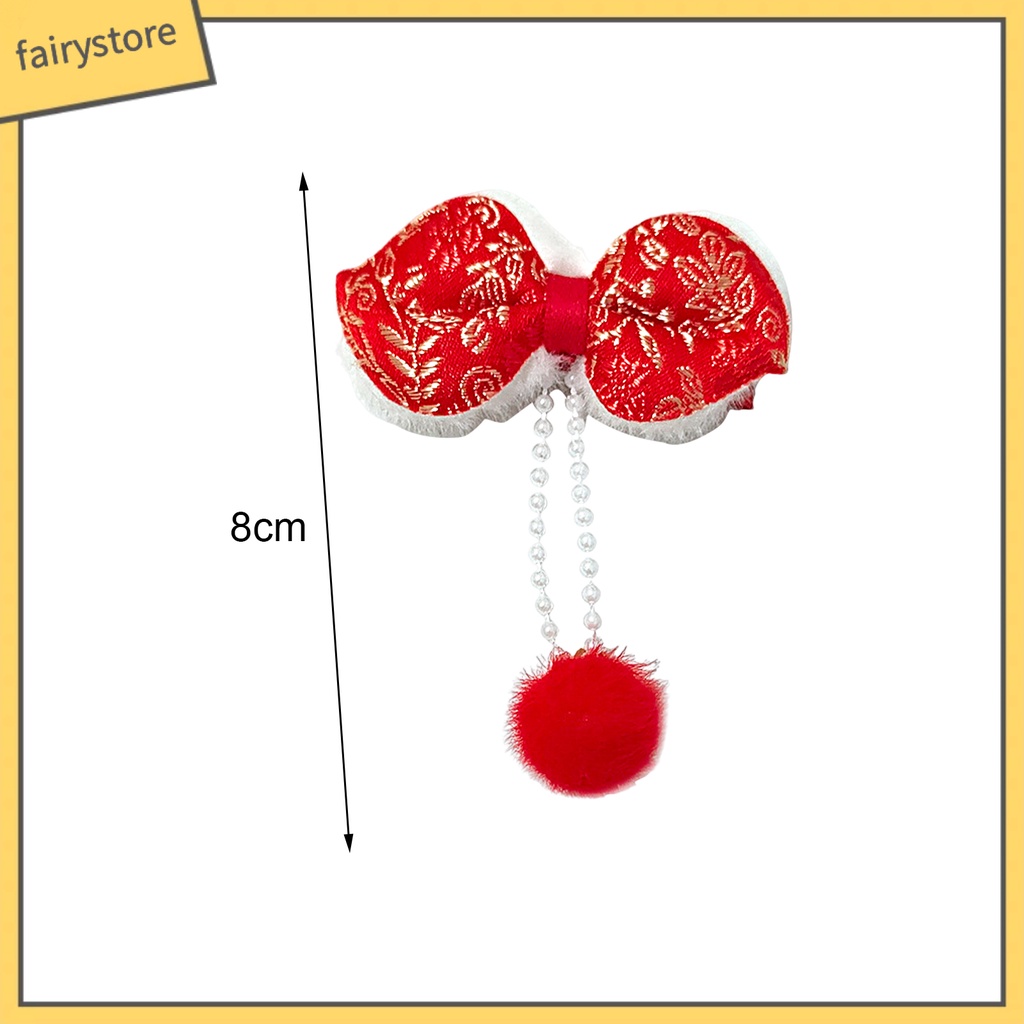 Set 2 Kẹp Tóc Hình Nơ Đính Bóng Lông Tua Rua Đỏ Phong Cách Trung Hoa Cổ Điển Mừng Năm Mới Cho Nữ