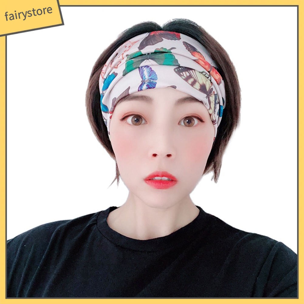 Băng Đô Cài Tóc Bản Rộng Co Giãn In Họa Tiết Hoa Lá / Bướm Thời Trang Cho Nữ