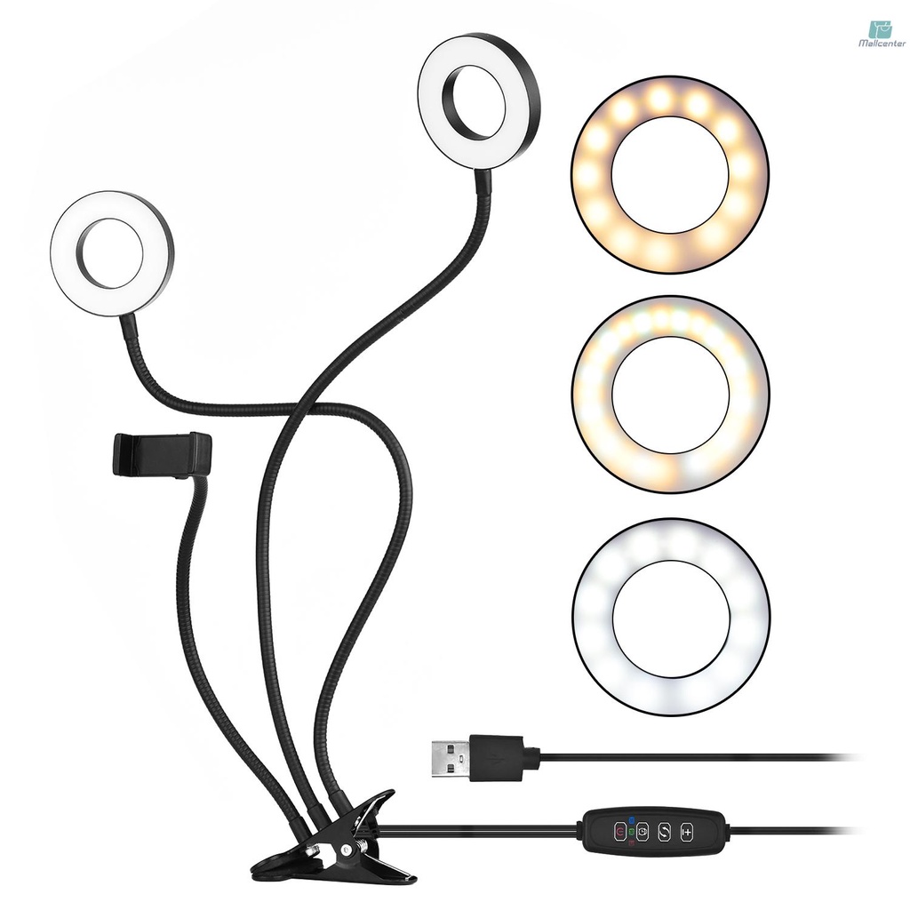 Andoer 3.5 Inch Clip-On Mini USB Ring Light Fill-in Lamp Dual Lights 3 Lighting Modes Dimmable Flexible Arms Design with Phone Holder for Live Streaming Video Online Singing Chatting Selfies