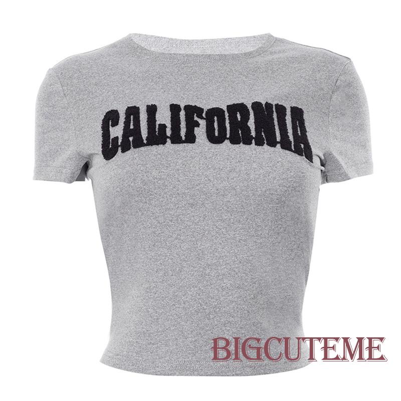 Áo Croptop Ngắn Tay Cổ Tròn Thêu Chữ Thời Trang Cho Nữ