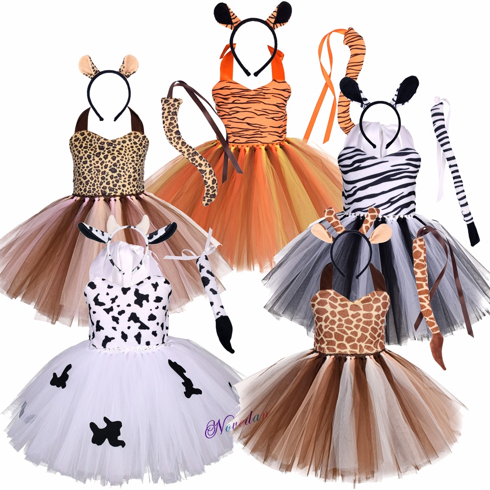 Đầm Xòe Tutu Hóa Trang Halloween Chủ Đề Rừng Cây Hươu Cao Cổ Hổ Báo Ng