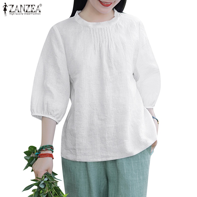 Zanzea Áo Kiểu Tay 3 / 4 Cổ Đứng Xếp Ly Trước Ngực Thời Trang Hàn Quốc Cho Nữ