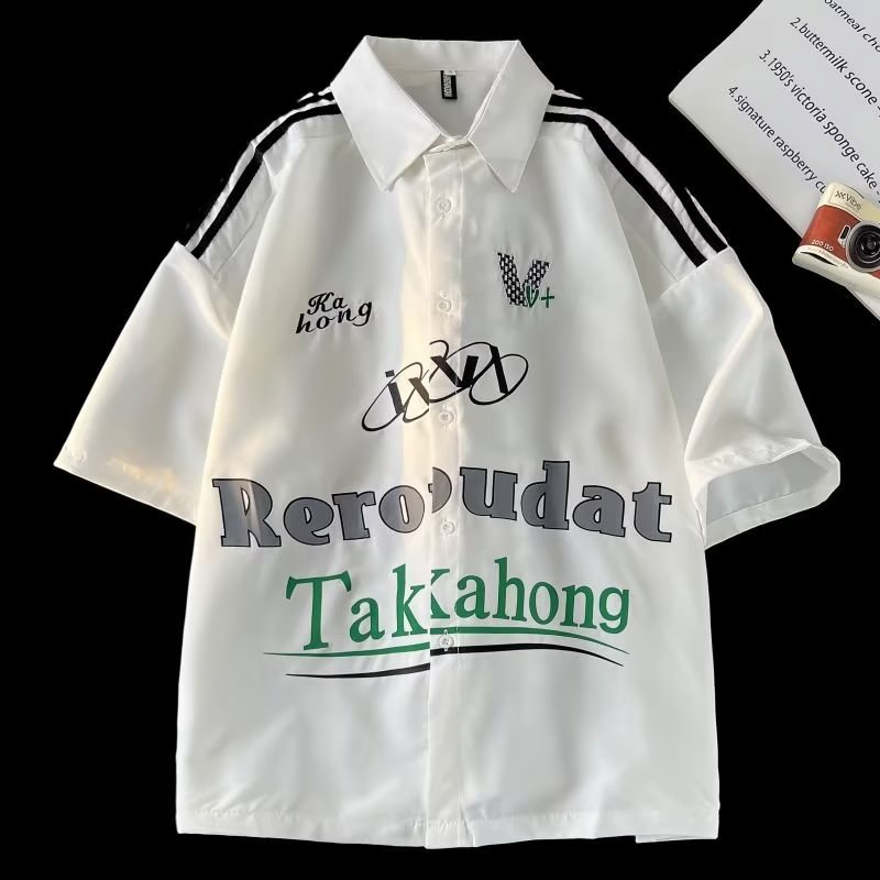 Áo Thun polo Ngắn Tay Form Rộng Thêu Họa Tiết Phong Cách Đường Phố Mỹ