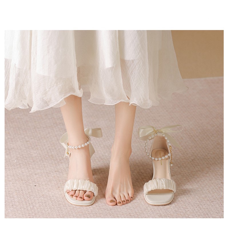 Duoya Tóc Thẳng ~ [Hàng Có Sẵn] Giày Sandal Cao Gót Thô Đính Nơ Vừa Vặn Dễ Phối Đồ Cho Nữ