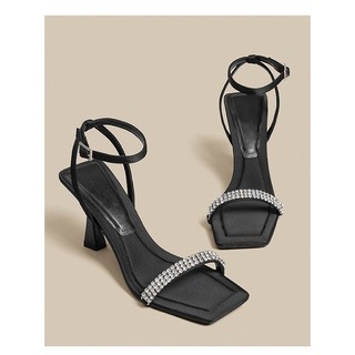 Black high-heeled sandals with rhinestones for women 2023 thick-heeled high-heeled shoes design sense niche JS5V
