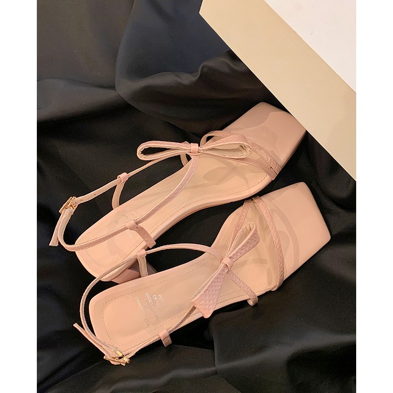Duoya Nhà Máy Sản Xuất Tóc Thẳng ~ [Hàng Có Sẵn] Giày Cổ Tích ~!Giày Sandal Cao Gót Mũi Vuông Hở Ngón Quai Mảnh Màu Hồng Thắt Nơ Cho Nữ Miễn Phí Vận Chuyển