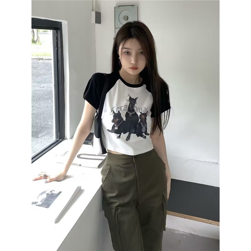 Áo Raglan Baby tee Thun croptop Ngắn Tay Lưng Cao Dáng Ôm In Họa Tiết Màu Sắc Tương Phản Thời Trang Mùa Hè Cho Nữ