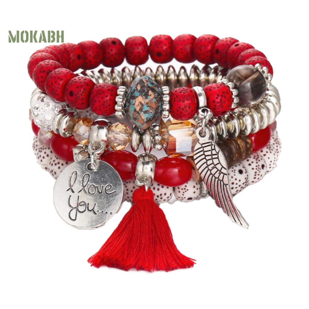 [Mok Abh] Bộ 4 Vòng Tay Chuỗi Hạt Nhiều Lớp Phong Cách Bohemian