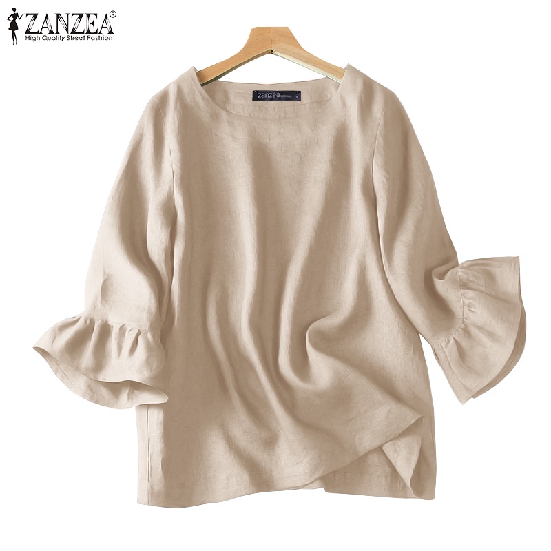 Zanzea Áo Sơ Mi Tay Lửng Nhún Bèo Màu Trơn Phong Cách Hàn Quốc Cho Nữ